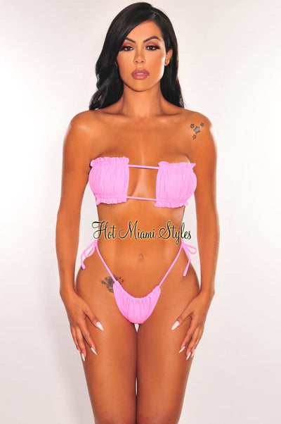Hot Pink Ruched Bust Frill Padded Bandeau Bikini - Hot Miami Styles