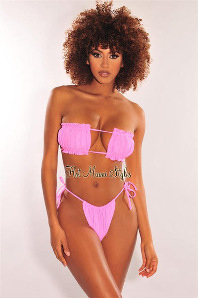 Hot Pink Ruched Bust Frill Padded Bandeau Bikini Top - Hot Miami Styles