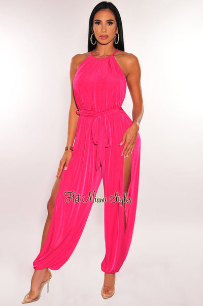 Hot Pink Shimmery Slit Hem Belted Harem Jumpsuit - Hot Miami Styles