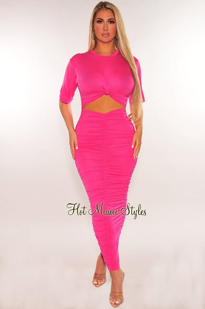 Hot Pink Short Sleeve Cut Out Ruched Maxi Dress - Hot Miami Styles