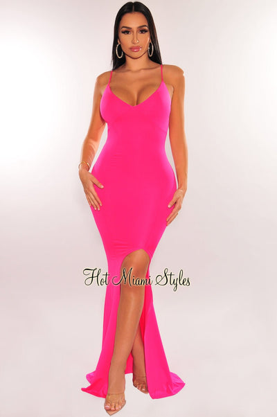 Hot Pink Spaghetti Straps V Neck Slit Gown - Hot Miami Styles