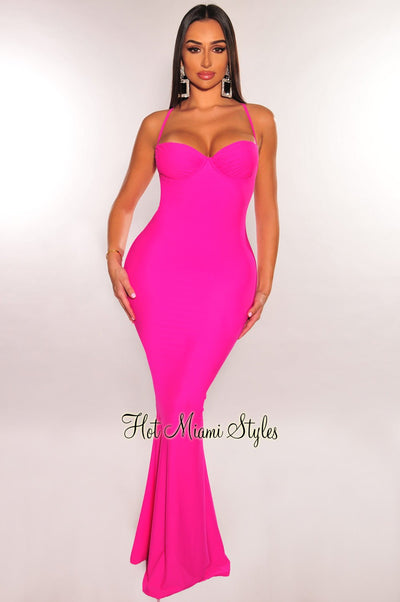 Hot Pink Underwire Spaghetti Strap Criss Cross Back Mermaid Gown - Hot Miami Styles