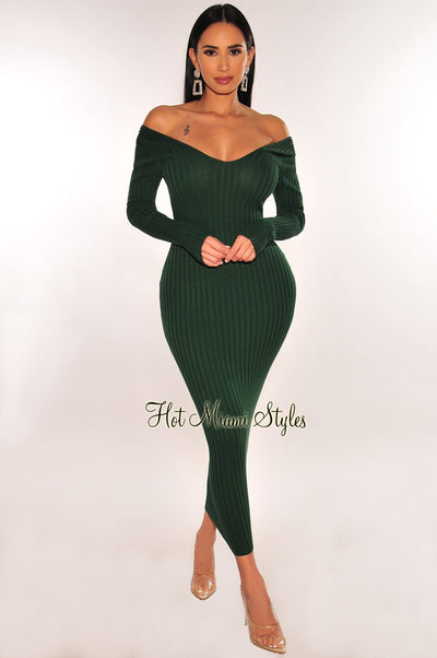 Taupe Ribbed Long Sleeve Cut Out Double Slit Dress - Hot Miami Styles