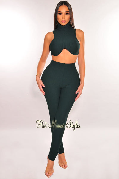 Hunter Green Ribbed TurtleNeck Underwire Sleeveless Pants Two Piece Set - Hot Miami Styles
