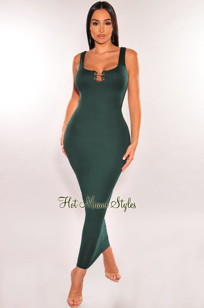 Hunter Green Sleeveless Gold Ring Cut Out Ruched Back Dress - Hot Miami Styles
