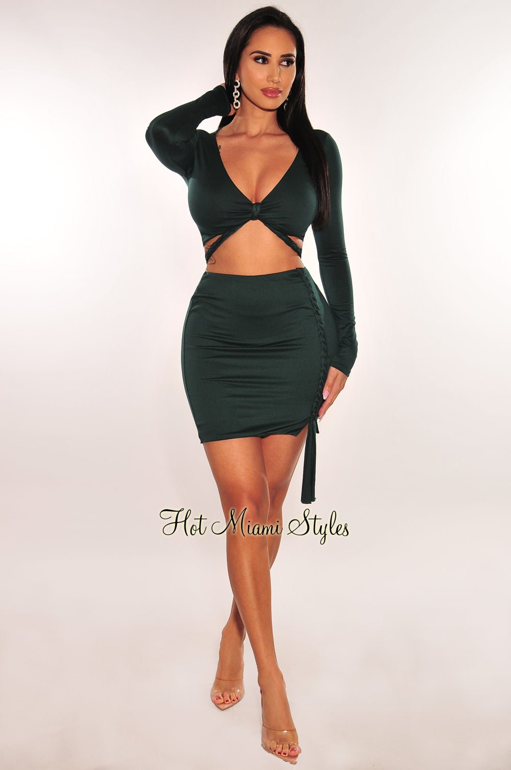 Hunter Green V Neck Long Sleeve Twist Rope Skirt Two Piece Set - Hot Miami  Styles