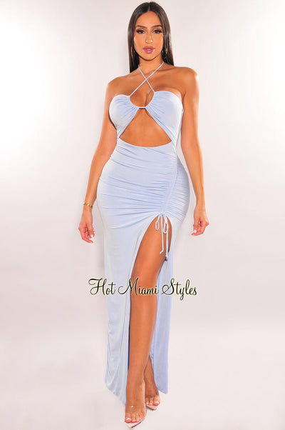 Iced Blue Halter Cut Out Ruched Slit Maxi Dress - Hot Miami Styles
