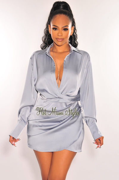 Iced Blue Silky Collared Long Sleeve Knotted Slit Shirt Dress - Hot Miami Styles