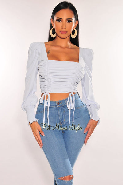 Iced Blue Squared Neck Drawstring Tie Up Crop Top - Hot Miami Styles
