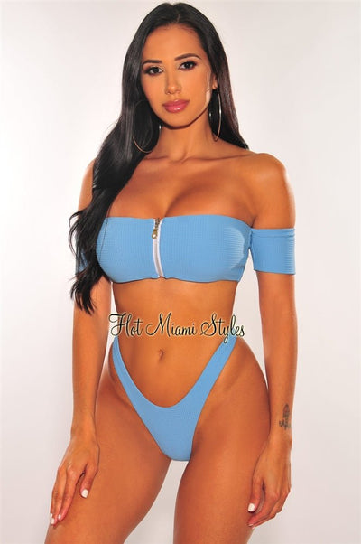 Iced Blue Textured Zipper Off Shoulder Bikini Top - Hot Miami Styles