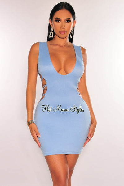 Iced Blue V Neck Sleeveless Strappy Open Back Dress - Hot Miami Styles