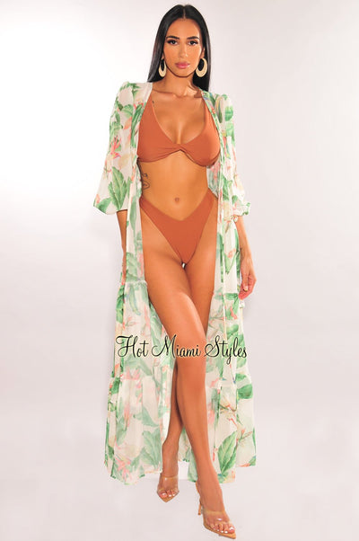 Ivory Palm Print Tie Up Long Sleeve Ruffle Cover Up - Hot Miami Styles