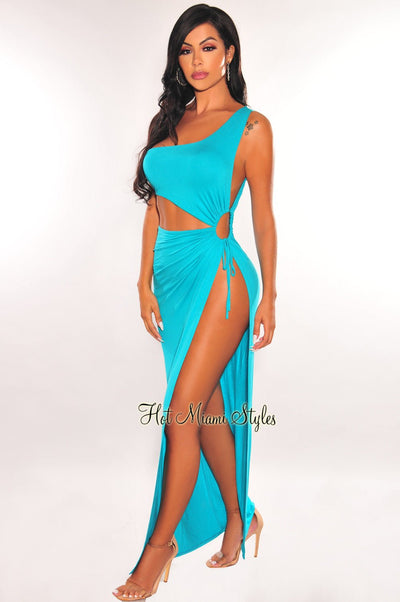 Jade One Shoulder Cut Out Drawstring Keyhole Slit Maxi Dress - Hot Miami Styles