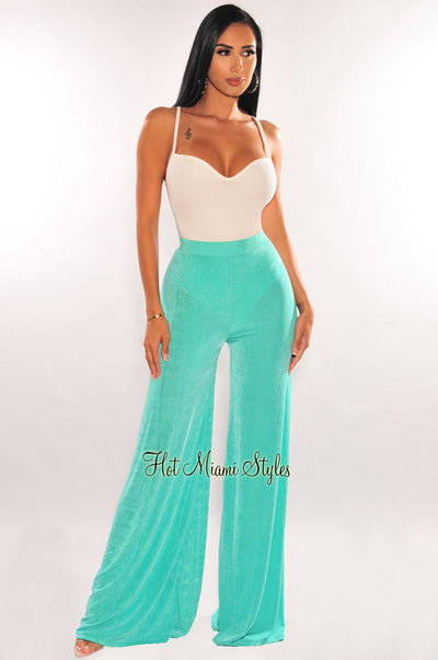 Jade Ribbed Shimmery High Waist Palazzo Pants - Hot Miami Styles