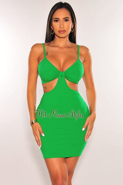 Kelly Green Ribbed Spaghetti Straps Knotted Cut Out Mini Dress - Hot Miami Styles
