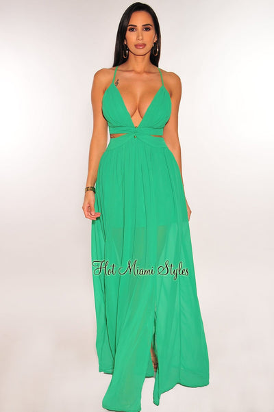 Kelly Green Ring Cut Out Crisscross Back Double Slit Maxi Dress - Hot Miami Styles