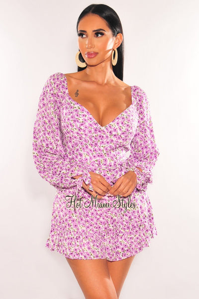 Lavender Floral Print Padded Long Sleeve Belted Romper - Hot Miami Styles
