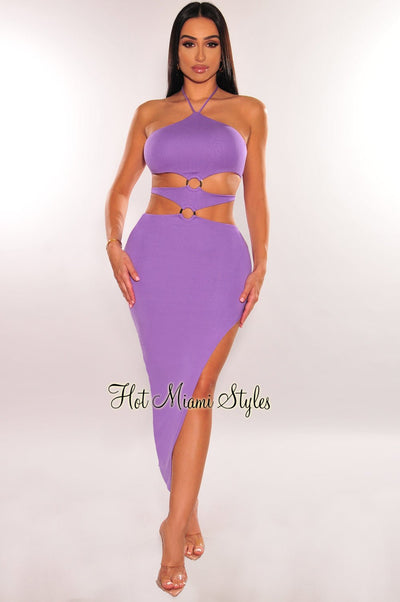 Lavender Halter Cut Out O-Ring Tie Up Slit Dress - Hot Miami Styles