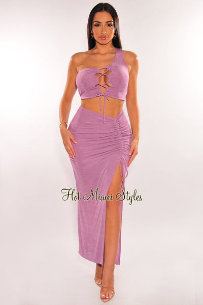Lavender One Shoulder Lace Up Slit Skirt Two Piece Set - Hot Miami Styles