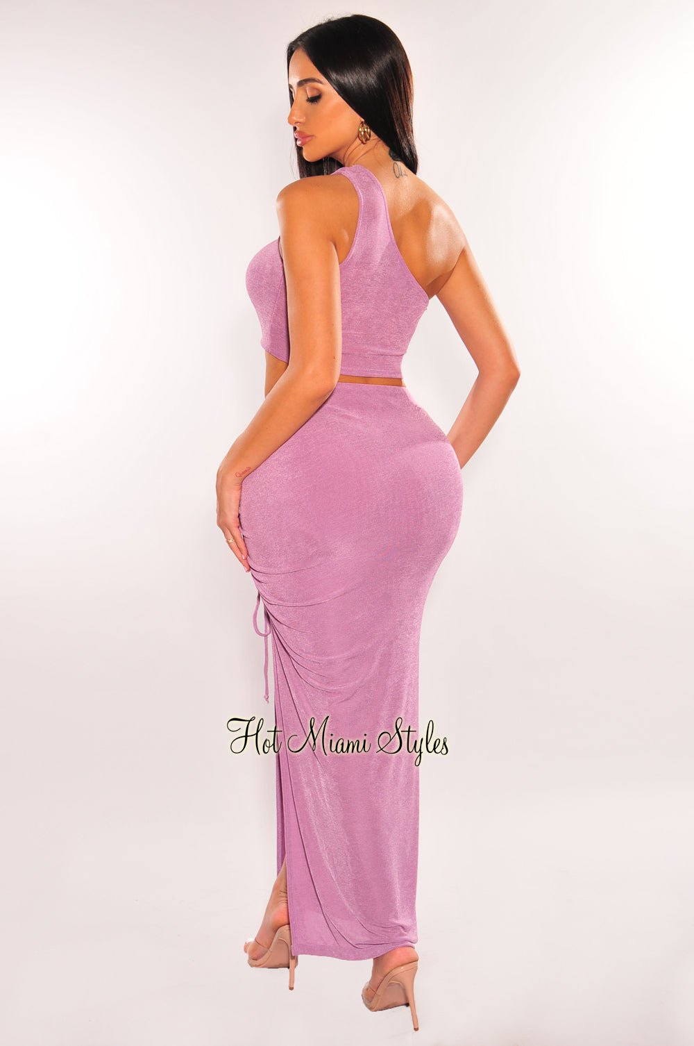 Lavender One Shoulder Lace Up Slit Skirt Two Piece Set - Hot Miami Styles