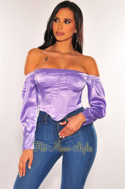 Lavender Satin Off Shoulder Bustier Crop Top - Hot Miami Styles