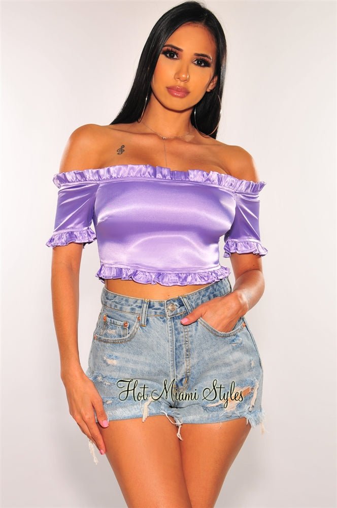 Lavender Satin Off Shoulder Ruffle Crop Top - Main Image