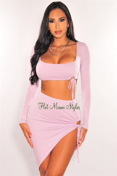 Lavender Square Neck Long Sleeve O-Ring Slit Two Piece Set - Hot Miami Styles
