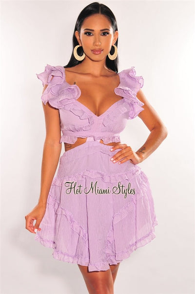 Lavender V Neck Ruffle Cut Out Lace Up Back Dress - Hot Miami Styles