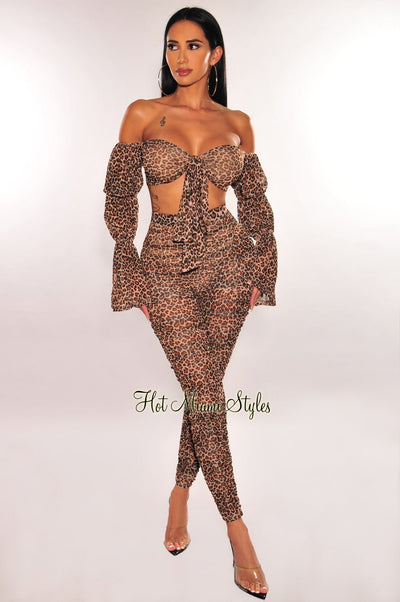 Leopard Mesh Off Shoulder Tie Up Ruched Scrunch Butt Pants Two Piece Set - Hot Miami Styles