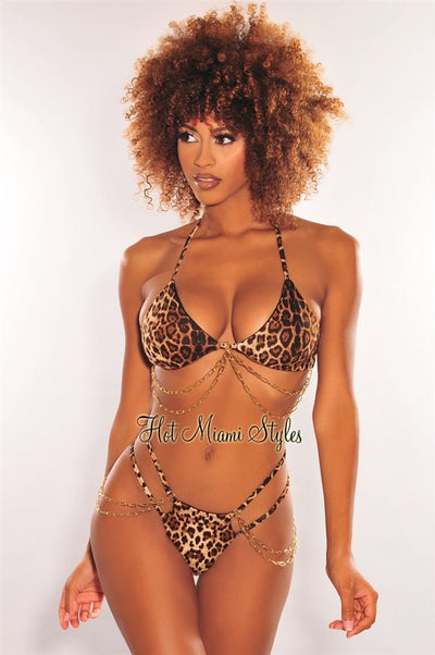 Leopard Print Gold Chain Padded High Cut Thong Bikini - Hot Miami