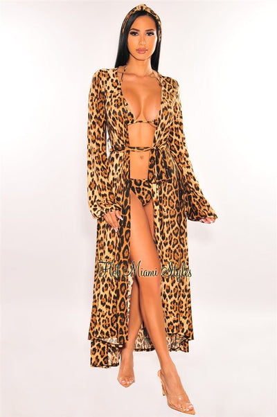 Leopard Print Long Sleeves Belted Maxi Cover Up - Hot Miami Styles