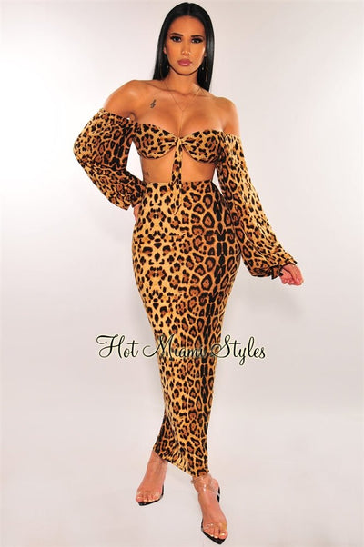 Leopard Print Off Shoulder Long Sleeves Skirt Two Piece Set - Hot Miami Styles