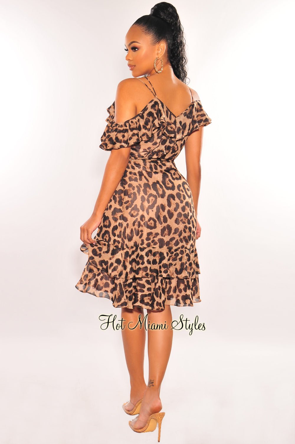 Leopard Print Off Shoulder Ruffle Wrap Baby Doll Dress - Hot Miami