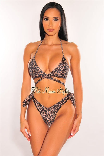 Leopard Print Padded Halter Wrap Tie Up Thong Bikini - Hot Miami Styles