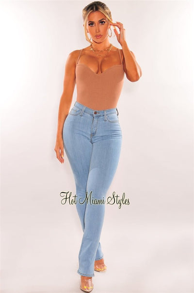 Light Blue Denim Slit Hem High Waist Jeans - Hot Miami Styles