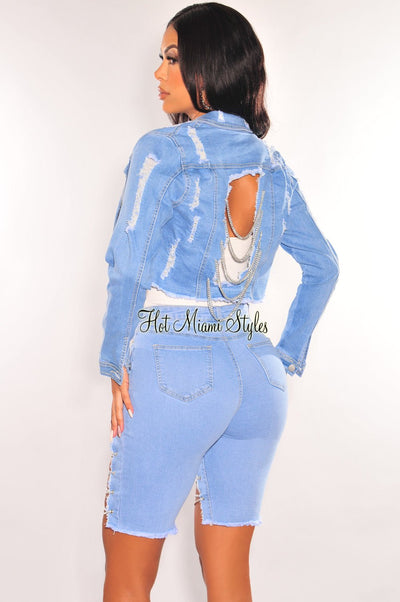 Light Denim Collared Destroyed Silver Chain Long Sleeve Jacket - Hot Miami Styles