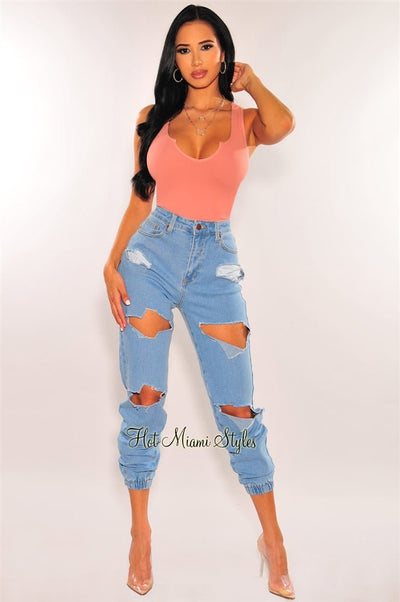 Light Denim Destroyed Loose Fit High Waist Joggers Jeans - Hot Miami Styles
