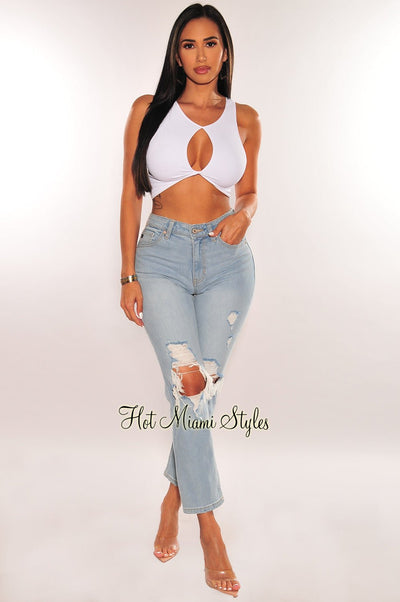 Light Denim High Rise Ripped Wide Leg Ankle Jeans - Hot Miami Styles