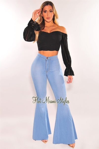 Light Denim High Waist Bell Bottoms Flare Jeans - Hot Miami Styles