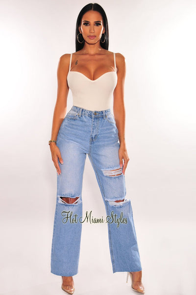 Light Denim High Waist Distressed Wide Leg Jeans - Hot Miami Styles