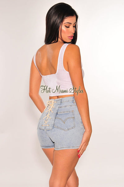 Light Denim High Waist Lace Up Back Shorts - Hot Miami Styles