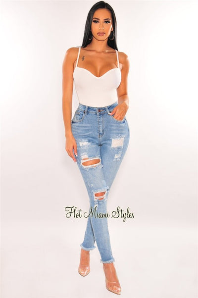 Light Denim High Waist Ripped Frayed Skinny Jeans - Hot Miami Styles