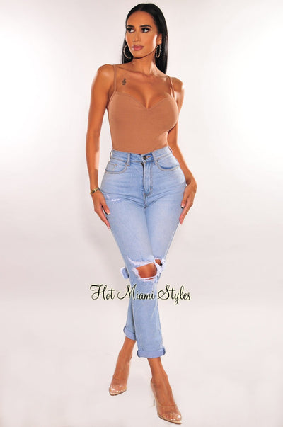 Light Denim High Waist Ripped Jeans - Hot Miami Styles