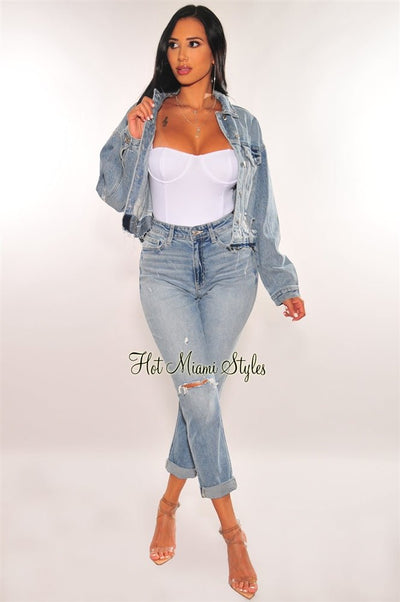 Light Denim Ripped High Waist Mom Jeans - Hot Miami Styles