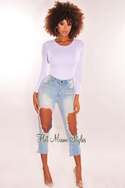 Light Denim Ripped Knee Destroyed Hem Cropped Jeans - Hot Miami Styles