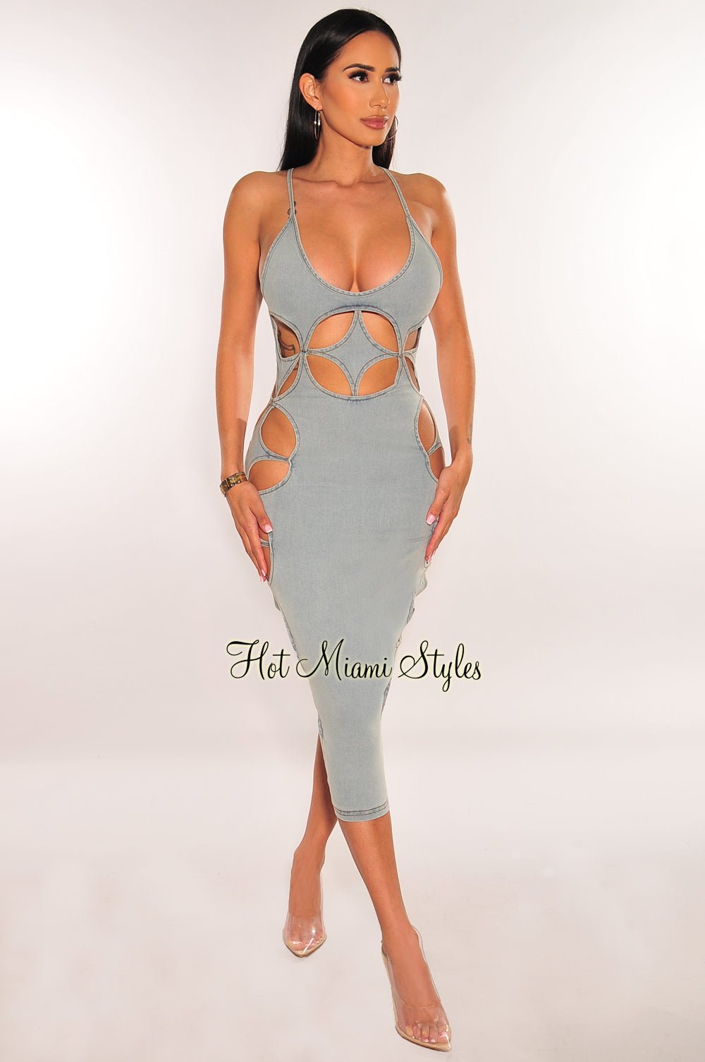 hot dress fashion Sexy Multi Metal Key Ring Cutout Maxi Dress – GRAY FASHION main image 1