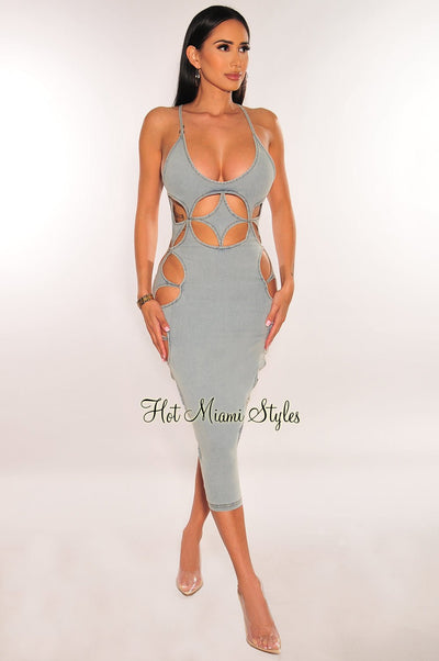 Light Denim Spaghetti Straps Cut Out Dress - Hot Miami Styles