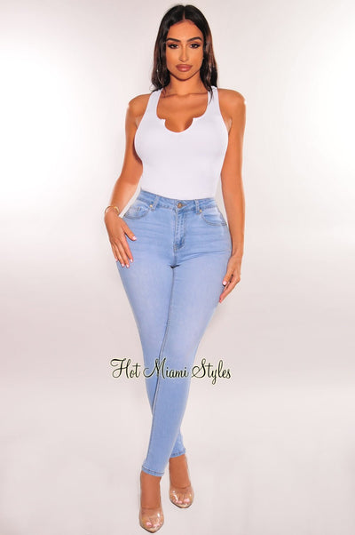 Light Denim Wash High Waisted Stretchy Skinny Jeans - Hot Miami Styles