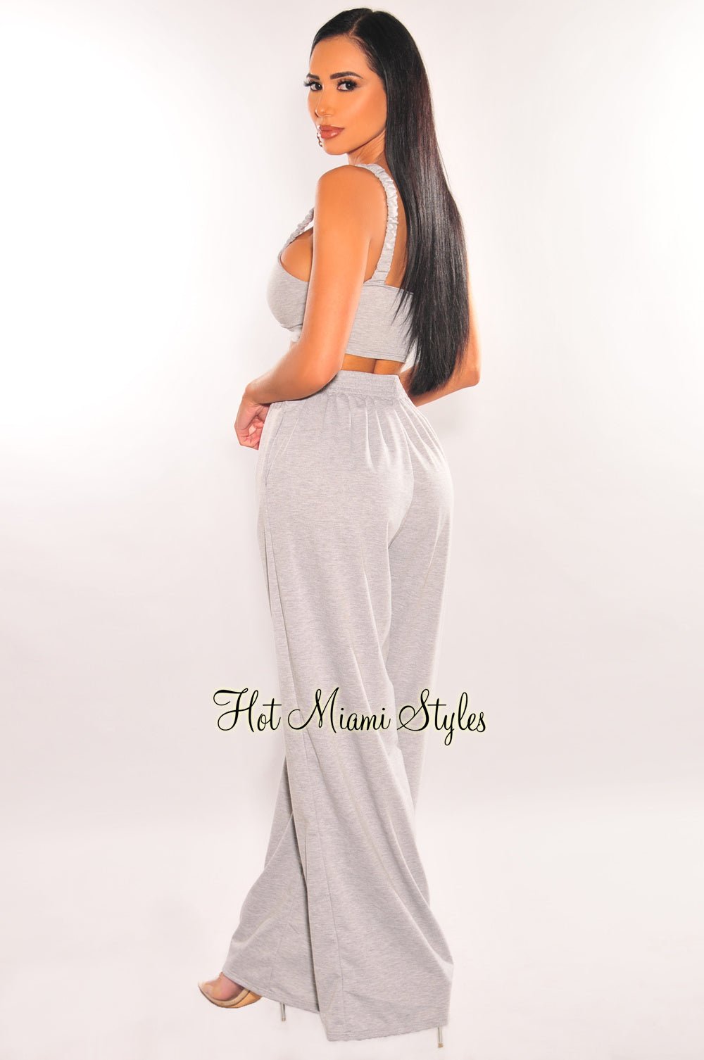 Light Gray Knotted Palazzo Pants Two Piece Set - Hot Miami Styles