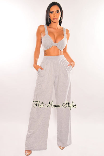 Light Gray Knotted Palazzo Pants Two Piece Set - Hot Miami Styles